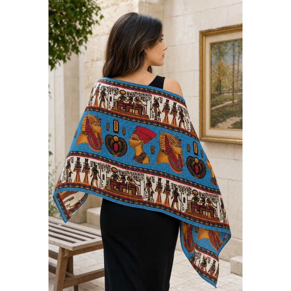 Large Egyptian Print Scarf Wrap Turquoise Gold Red Pharaoh Scarab Statement
